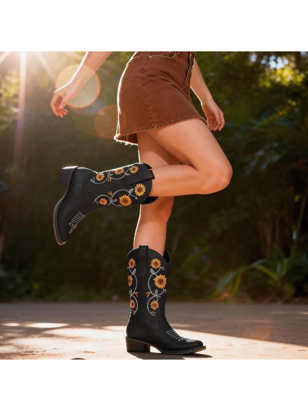 Women’s Black Faux Fur Square Toe Cowboy Mid-Calf Sunflower Embroidery Heel - Picture 2 of 5